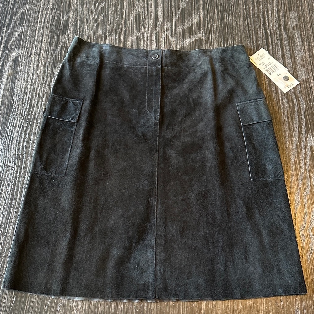 NWT Karen Kane Genuine Suede Spotlight Cargo Knee-Length Black Skirt, Size 14